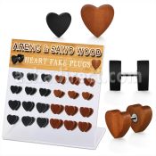 dacb236 display acrilico 24 plugs falsos madera areng sawo corazon acero quirurgico 8mm & 10mm mayorista