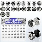 dacb43 display 40 plugs falsos acero quirurgico anodizado negro brillo espejo logos variados grabados laser 8mm distribuidor