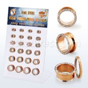 dapg188 display 24 dilataciones tunel acero quirurgico pvd oro rosa cristal lado frente distribuidor mayorista