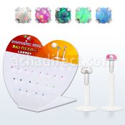 dbilpo2 display acrilico corazon 27 labrets bio flexibles transparentes plateada presion opalo 2mm distribuidor mayorista