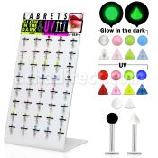 dbjmx1 display 40 labrets acero quirurgico bolas conos 3mm uv brillan oscuridad 8mm distribuidor