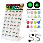 dbjmx4 display 40 espirales acero quirurgico bolas conos uv brillan oscuridad 3mm 8mm distribuidor