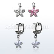 erhz319 par pendientes huggie oreja acero inoxidable brillo espejo colgante flor petalos zirconia distribuidor