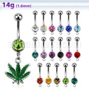 mcd432 piercing ombligo acero quirurgico bola joya 8mm hoja marihuana pintada verde 10mm al por mayor