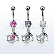 mcdz15 piercing ombligo acero quirurgico zirconia 8mm pareja delfines colgados nadando alrededor zirconia redonda 10mm al por mayor