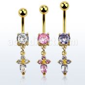 mdgz518 piercing ombligo acero 316l anodizado dorado zirconia redonda 8mm cruz formada por cuatro zirconia distribuidor