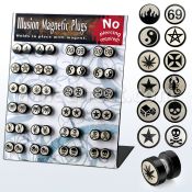 mgipl display 24 plugs falsos magneticos anodizados negro logos variados rayados laser distribuidor mayorista