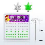 nyma caja display piercing nariz doblar tu mismo plata esterlina 925 0 6mm hojas marihuana color verde plata lisa distribuidor