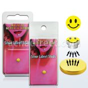 pkml5 piercing labret falso magnetico plata 925 4mm logo caja sonriente amarilla bandeja magnetica dorada 1 pieza al por mayor