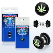 pkmp69 plug falso magnetico acrilico negro logo marihuana verde fondo negro anillos goma 8mm 1 pieza al por mayor