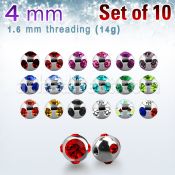 xmjb4 pack 10 bolas multi joya acero 316l brillo espejo 4mm 1 cristal 4 cristal lados rosca al por mayor