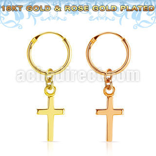 18k gold plated silver helix hoop w small cross dangling 