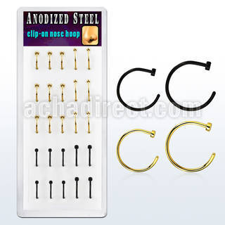bxcln9 caja 25 piercings nariz falsos clip acero 316l anodizado negro dorado mayorista