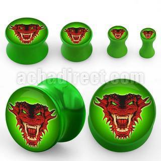 apgdrg dilatacion plug doble flare acrilico verde veneno logo dragon rojo fondo verde veneno mayorista