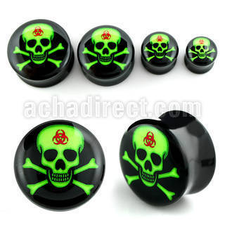 apgxx dilatacion plug doble flare acrilico negro calavera verde toxica huesos cruzados rojo fondo negro distribuidor mayorista