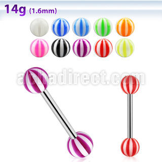 bbbe 316l steel tongue barbell with 6mm acrylic striped ball