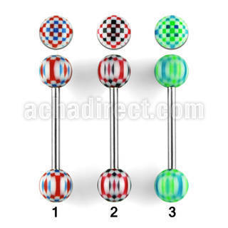 bbdxu 316l steel tongue barbell with 6mm acrylic checkered ball