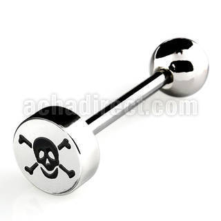 bbec7 316l steel tongue barbell with 8mm skull logo top