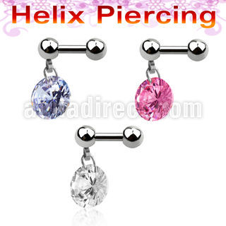 bber15 316l steel helix barbell with dangling round prong cz