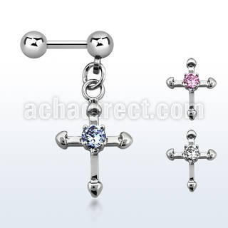 bber19 316l steel helix barbell with small cross w prong cz