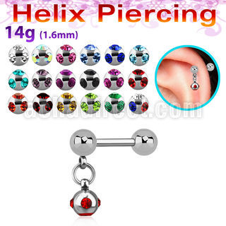 bber46b 316l steel helix barbell w dangling jewel ball