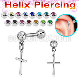 bber75 steel helix barbell w jewel balls dangling plain cross