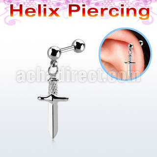 bber84 316l steel helix barbell 16g w dangling dagger
