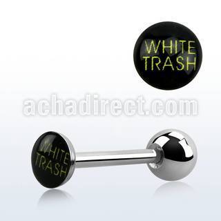 bbfwt 316l steel tongue barbell with white trash logo