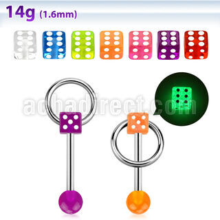 bbgldisl 316l steel tongue barbell glow in the dark dice w ring