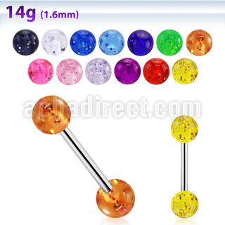 bbgt 316l steel tongue barbell with 6mm acrylic glitter ball