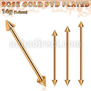 bbittcn4 rose gold steel industrial barbell w 2 4mm cones