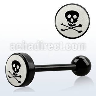 bbls2 anodized 316l steel tongue barbell with 8mm skull logo