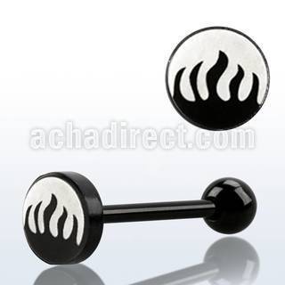 bbls4 anodized 316l steel tongue barbell with 8mm flame logo