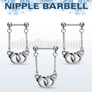 bbnpd9 316l steel nipple barbell w dangling handcuff w 5mm ball