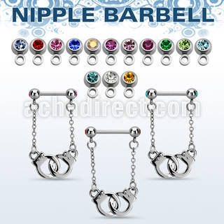 bbnpd9j steel nipple barbell w dangling handcuff w 2 jewel ball