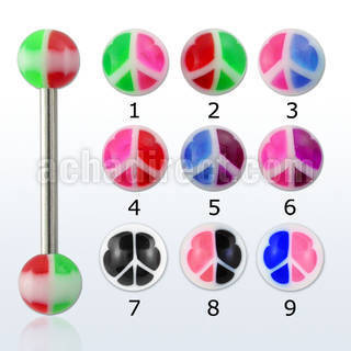 bbpea 316l steel tongue barbell w acrylic ball w peace sign