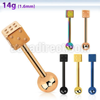 bbtdi anodized 316l steel tongue barbell w dice steel ball