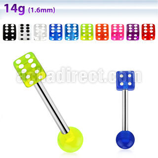 bbuvdi 316l steel tongue barbell with a 5mm acrylic uv dice