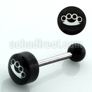 bbvg7 316l steel tongue barbell w knuckle logo acrylic top