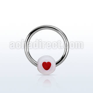bchr steel ball closure ring w a acrylic disk w red heart