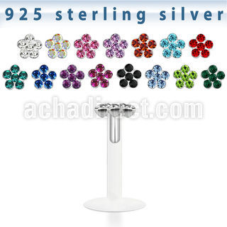 bilbf bio flex labret with silver flower with crystal leaves