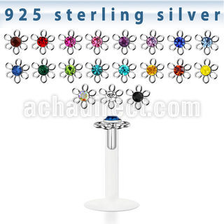 bilbfw bio flex labret with silver flower w crystal center
