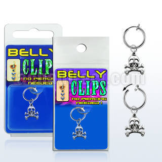 blcp545 fake belly clip w a dangling skull with crossed bones 