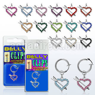 blcp678 fake belly clip w a dangling crystal heart arrow 