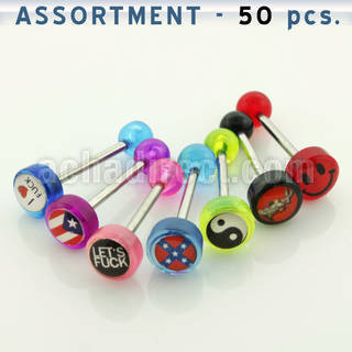 blk158 316l steel tongue barbell w 8mm assorted logos flat top