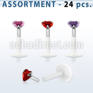 blk183 surtido piercings 24 labrets bio flexibles transparentes zirconita corazon 3mm mayorista