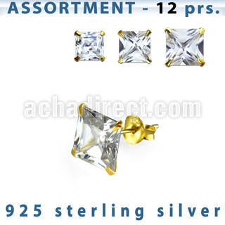 blk265m 18k gold plated silver ear stud with 6 8mm square cz