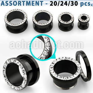 blk505 surtido piercings 20 24 30 dilataciones tunel acero pvd negro multi cristal ferido . distribuidor
