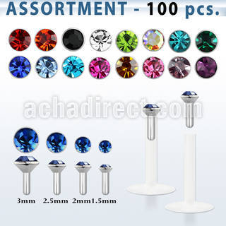 blk506 bio flex labret w silver top w 1 5mm 3mm glued crystal