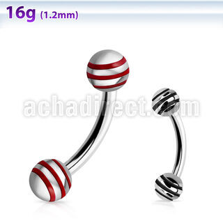 bneby4 316l steel eyebrow banana with striped 4mm ball